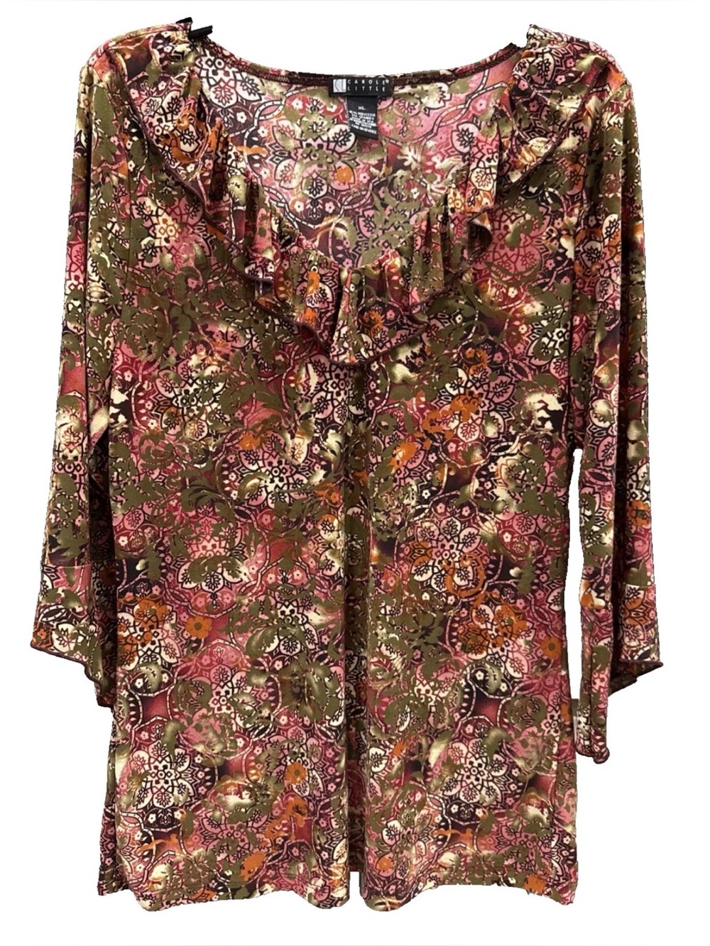 Carole Little XL 3/4 Sleeve Top Green Multi Floral Medallion Boho Festival